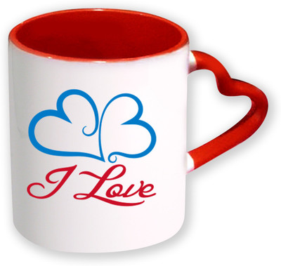 

Heyworlds I Love Valentine Gifts Heart Shape Red color With Handle Ceramic Mug(325 ml), Multicolor