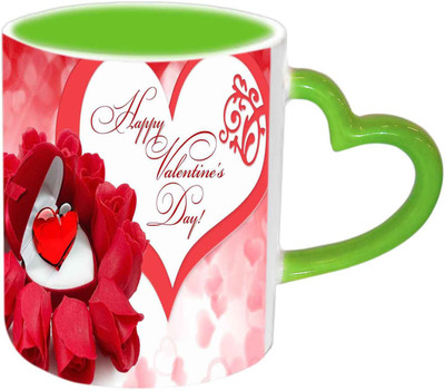 

Raj Laxmi Valentine Redrose Green Handle Valentine Ceramic Mug(350 ml)