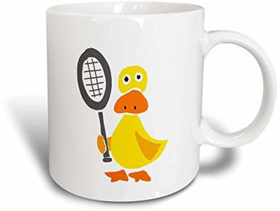 

3dRose mug_196251_2 Funny Yellow Duck Holding Tennis Racquet Primitive Art Ceramic, 15 oz, White Ceramic Mug(60 ml)