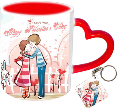 

Raj Laxmi Valentine kissing heart handled red Ceramic Mug(351 ml), White