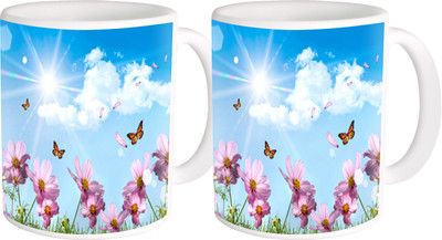 

Heyworlds gifts for flower design 49 Ceramic Mug(325 ml, Pack of 2), Multicolor