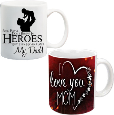 

ME&YOU Gifts for Parents;I Love U Mom and World's Best Dad Special Quotes Printed Ceramic Mug(325 ml, Pack of 2), Multicolor