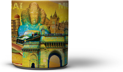 The Nodding Head Mumbai Collage Coffee Ceramic Mug(300 ml), Multicolor