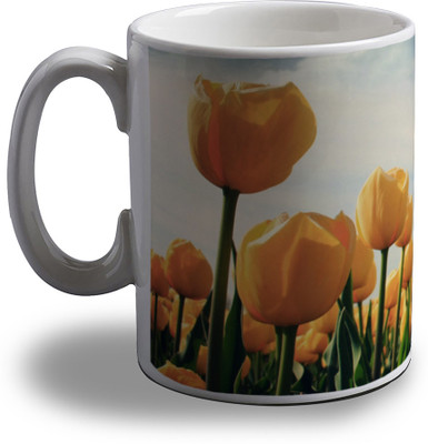 Artifa Yellow Flowers Ceramic, Porcelain Coffee Mug(350 ml)