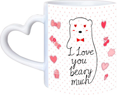 

Huppme Love You Beary Much Heart Handle Ceramic Mug(350 ml), White