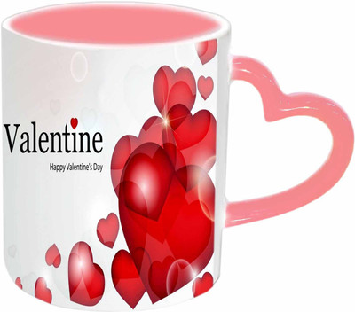 

Raj Laxmi Red hearts pink handle valentine Ceramic Mug(350 ml)