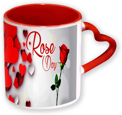 

Heyworlds Happy Rose Day Gifts Heart Shape Red Color With Handle Ceramic Mug(325 ml), Multicolor