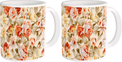 

Heyworlds gifts for flower design 39 Ceramic Mug(325 ml, Pack of 2), Multicolor