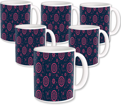 

Heyworlds Gifts for Flower Design set of six 16 Ceramic Mug(325 ml, Pack of 6), Multicolor
