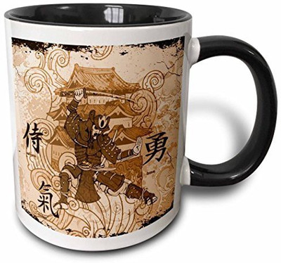 

3dRose mug_152970_4 A Brown Tinged Samurai Warrior Against an Oriental Building with Oriental Writing Two Tone Black, 11 oz, Black/White Ceramic Mug(60 ml)