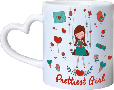 

Huppme Prettiest Girl Heart Handle Ceramic Mug(350 ml), White