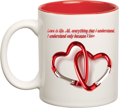 

HuppmeGift Love Is Life Inner Red Ceramic Mug(350 ml), Red;white