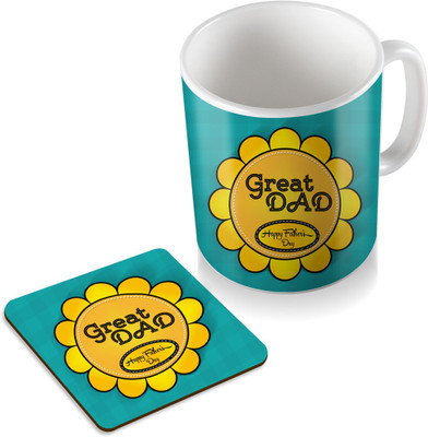 

SKY TRENDS Great Dad Happy Father's Day With Yellow Flower Gifts For Father's Day Coaster Coffee Set Ceramic Mug(320 ml, Pack of 2), White