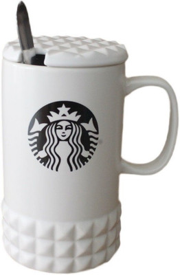 

GeekGoodies Starbucks Coffee Milk Cup With Spoon Lid Ceramic Mug(340 ml), White