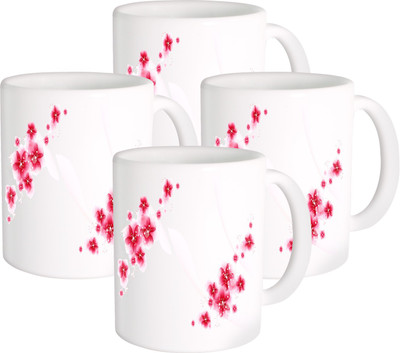 

Heyworlds flower design Ceramic Mug(325 ml, Pack of 4), Multicolor