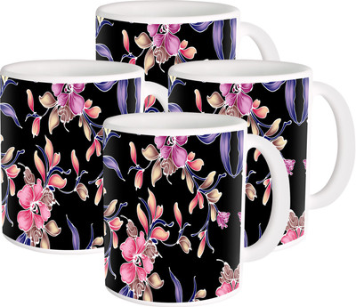 

Heyworlds flower design 07 Ceramic Mug(325 ml, Pack of 4), Multicolor
