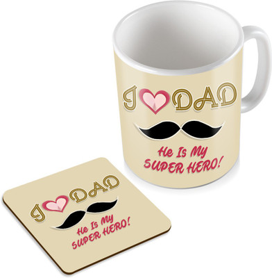 

SKY TRENDS I Love Dad He Is My Super Hero ! Gifts For Father's Day Coaster Coffee Set Ceramic Mug(320 ml, Pack of 2), White