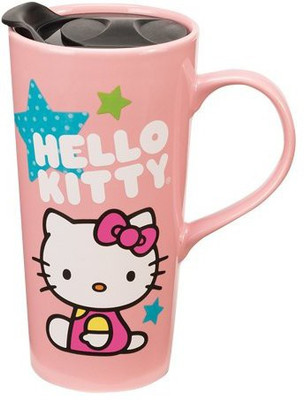 

Vandor 18351 Hello Kitty Stars 20 oz Ceramic Travel, Pink, White, and Blue Ceramic Mug(60 ml), Multicolor