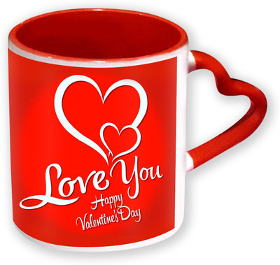 

Heyworlds Happy Valentine Day Gifts Heart Shape Red Color with Handle 36 Ceramic Mug(325 ml), Multicolor