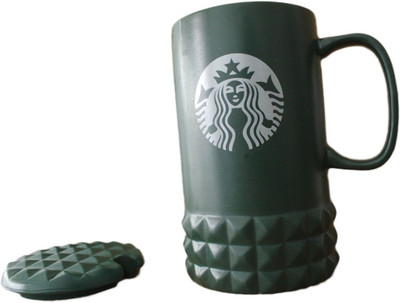 

GeekGoodies Starbucks Coffee Milk Cup With Spoon Lid Ceramic Mug(340 ml), Green