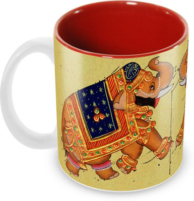 

Tuelip Elephant Vintage Post Card Printed Inner Red For Tea And Coffee Ceramic Mug(350 ml), Multicolor