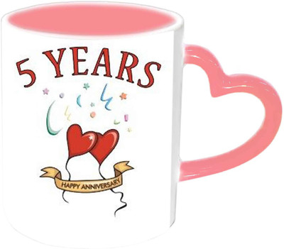 

Raj Laxmi 5 Years Of Love,Wish You A Happy Anniversary Pink Handle Ceramic Mug(350 ml)