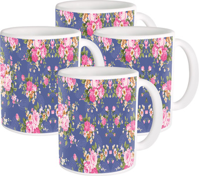 

Heyworlds flower design 04 Ceramic Mug(325 ml, Pack of 4), Multicolor