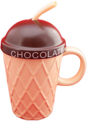 

GeekGoodies Chocolate Ceramic Milk Coffee Cup With Straw Spoon Ceramic Mug(280 ml), Multicolor