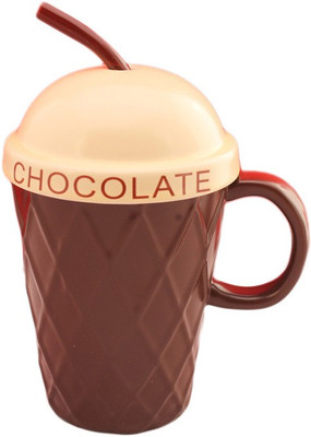 

GeekGoodies Chocolate Ceramic Coffee Milk Cup With Straw Spoon Ceramic Mug(280 ml), Brown;multicolor