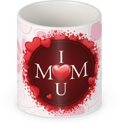 

HuesLab I Love U Mom with Hearts Background Ceramic Mug(328 ml), White