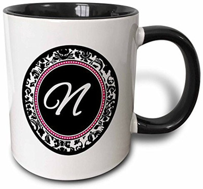 

3dRose mug_154606_4 Letter N Stylish Monogrammed Circle Girly Personal Initial Personalized Black Damask with Hot Pink Two Tone Black, 11 oz, Black/White Ceramic Mug(60 ml)