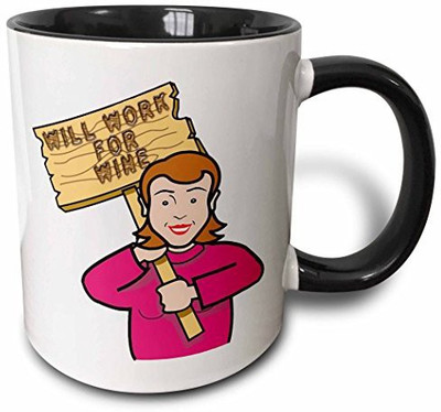 

3dRose mug_117434_4 Funny Humorous Woman Girl with a Sign Will Work for Wine Two Tone Black, 11 oz, Black/White Ceramic Mug(60 ml), Multicolor