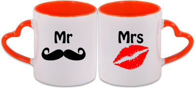 KDT Mr & Mrs Heart Handle Ceramic Mug(350 ml, Pack of 2), Multicolor