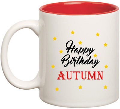

HuppmeGift Happy Birthday Autumn Inner Red Ceramic (350ml) Ceramic Mug(350 ml), Red;white