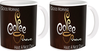 

Heyworlds gifts for good morning design 03 Ceramic Mug(325 ml, Pack of 2), Multicolor