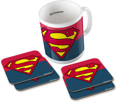 

MiiCreations Printed Superman (1 Ceramic + 4 MDF Coaster) Coaster Coffee Set Ceramic Mug(325 ml, Pack of 5), Multicolor