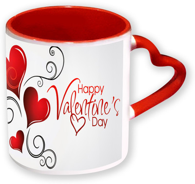 

Heyworlds Happy Valentine Day Gifts Heart Shape Red Color with Handle 16 Ceramic Mug(325 ml), Multicolor