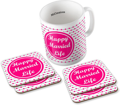 

MiiCreations Printed Happy Married Life (1 Ceramic + 4 MDF Coaster) Coaster Coffee Set Ceramic Mug(325 ml, Pack of 5), Multicolor