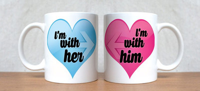 60% OFF on StyBuzz I am With Her And I Am With Him Heart Couple Porcelain Coffee Mug(300 ml, Pack of 2)