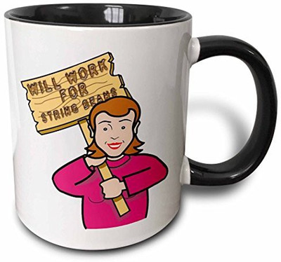 

3dRose mug_117413_4 Funny Humorous Woman Girl with a Sign Will Work for String Beans Two Tone Black, 11 oz, Black/White Ceramic Mug(60 ml), Multicolor