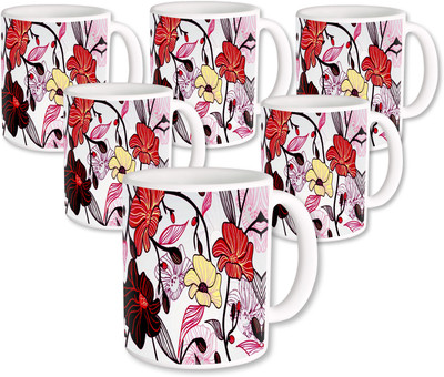 

Heyworlds Gifts for Flower Design set of six 19 Ceramic Mug(325 ml, Pack of 6), Multicolor