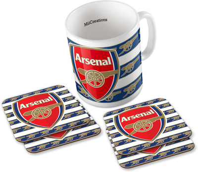 

MiiCreations Printed Arsenal F.C. (1 Ceramic + 4 MDF Coaster) Coaster Coffee Set Ceramic Mug(325 ml, Pack of 5), Multicolor