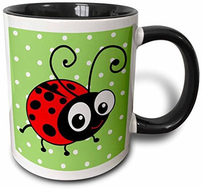 

3dRose Cute Ladybug Green Polka Dot Design Kawaii Happy Red and Black Spots Ladybird Cartoon Lady Bug Two Tone Black, 11 oz, Black/White Ceramic Mug(60 ml)