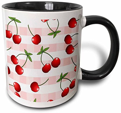 

3dRose Cherry Print Juicy Red Cherries on Pink Check Two Tone Black, 11 oz, Black/White Ceramic Mug(60 ml)