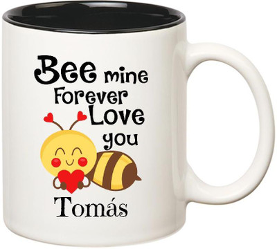 

Huppme Love You Tomás Bee mine Forever Inner Black Ceramic Mug(350 ml), Black;white