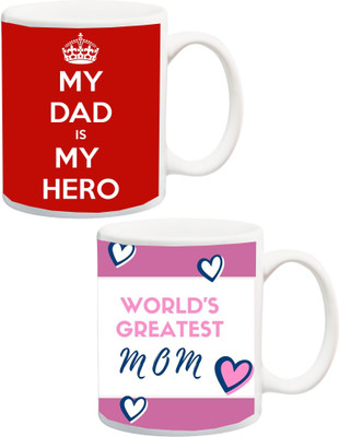 

ME&YOU Gift for Parents/Father/Mother/Daddy/Mummy On Anniversary;Dad Is My Hero, World's Greatest Mom Printed Ceramic Mug(325 ml, Pack of 2), Multicolor