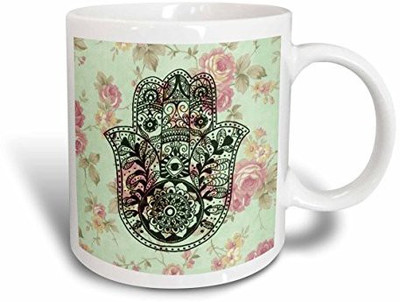 

3dRose mug_200823_2 Flower Pattern Hamsa Ceramic, 15-Ounce Ceramic Mug(60 ml), Multicolor