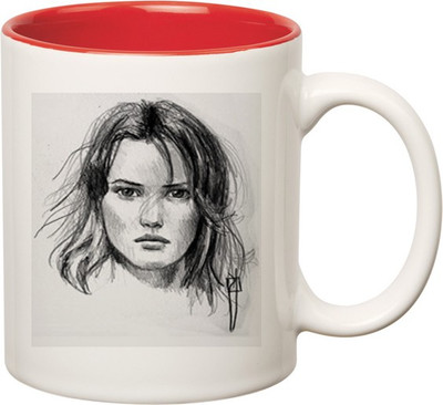 

Huppme Girl Potrait Inner Red Ceramic Mug(350 ml), Red;white