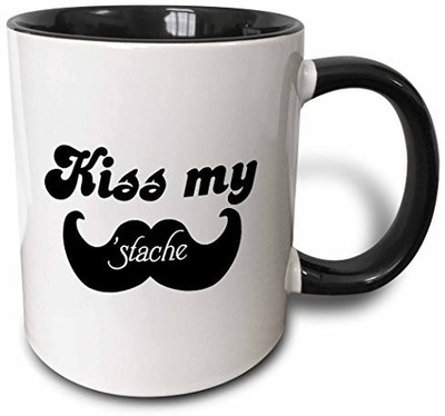 

3dRose mug_76618_4 Funny Kiss My Stache Mustache Humor Black and White Moustache Fun Wordplay Pun Joke Two Tone Black, 11 oz, Black/White Ceramic Mug(60 ml)