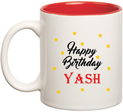 

HuppmeGift Happy Birthday Yash Inner Red Ceramic (350ml) Ceramic Mug(350 ml), Red;white